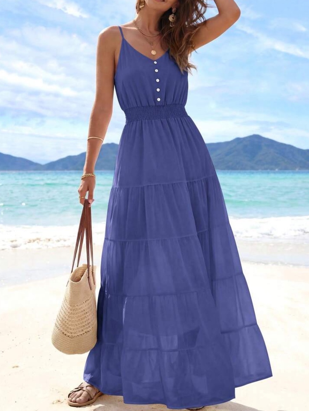 Sleeveless Blue  Maxi Dress with Smocked Waist